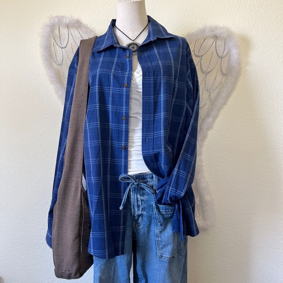 Haggar Tops - Indie Skater Grunge Plaid Oversized Shirt Button Up Long Sleeve Dad Blue XL